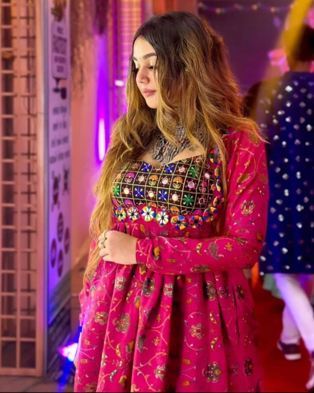 Festive Pink Rayon Navratri Kurti with Mirror & Embroidery Work