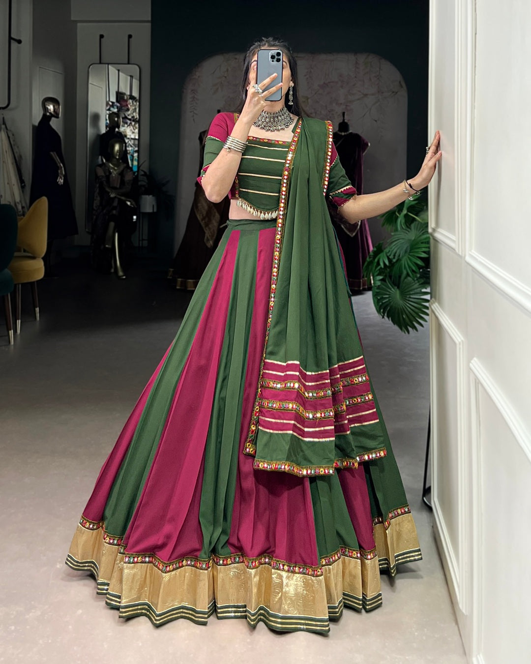 Dual Delight – Green & Magenta Navratri Lehenga