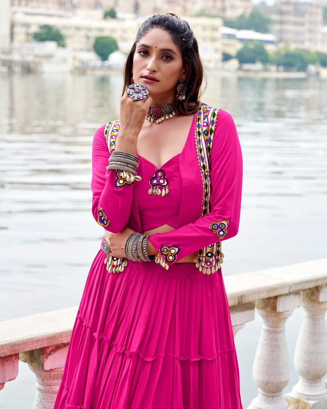 Festive Pink Rayon Lehenga Choli with Graceful Detailing