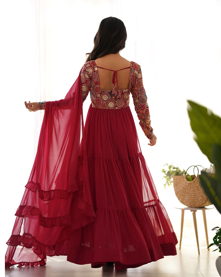 Maroon Soft Georgette Embroidered Anarkali Suit