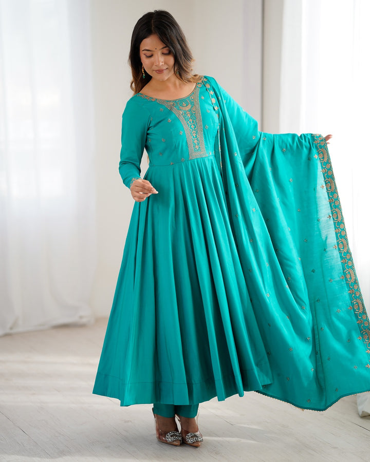 Rama High Premium Pure Roman Chanderi Silk Fully Flared Anarkali Set with Dupatta – Ready to Wear