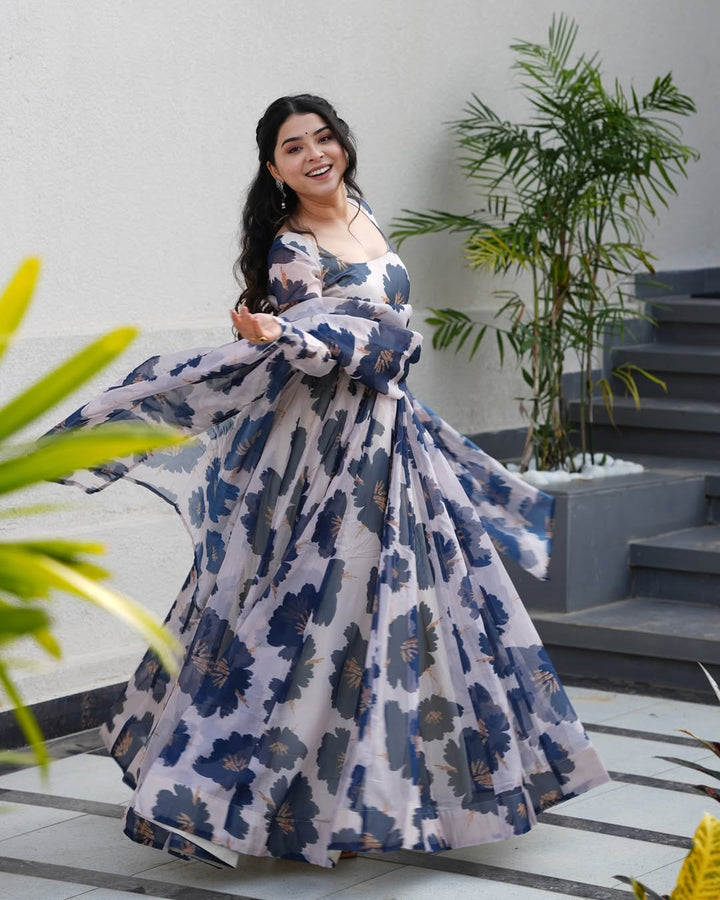 Floral Tabby Organza Anarkali Gown in Blue