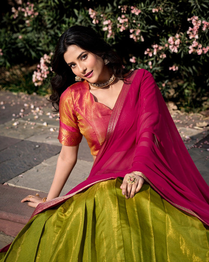 Pista Kanchipuram Silk Designer Lehenga