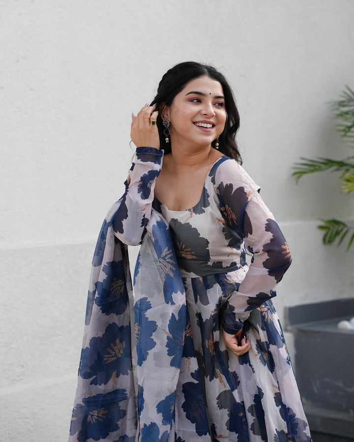 Floral Tabby Organza Anarkali Gown in Blue