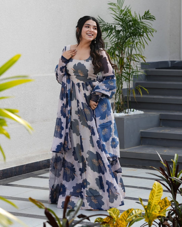 Floral Tabby Organza Anarkali Gown in Blue
