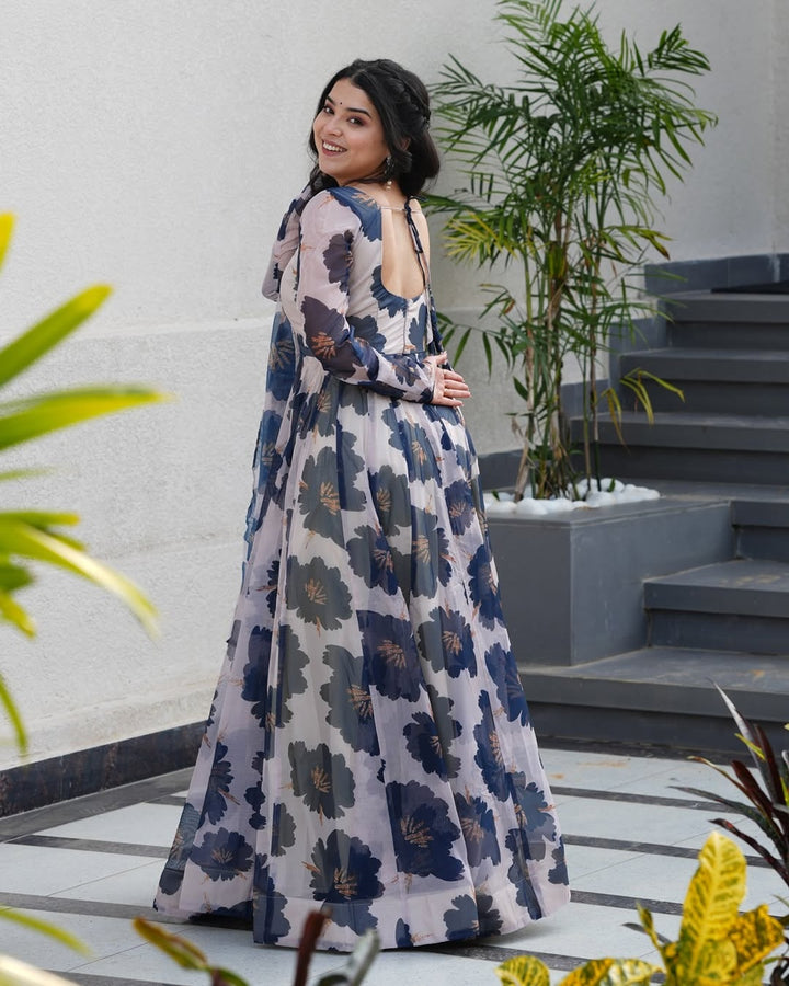 Floral Tabby Organza Anarkali Gown in Blue