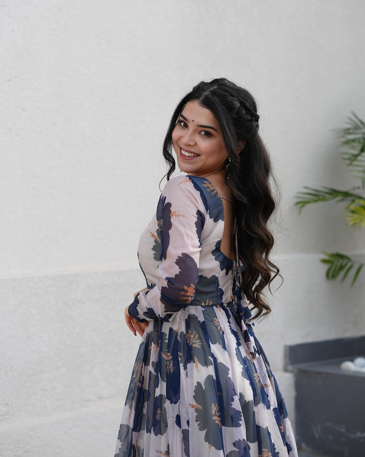 Floral Tabby Organza Anarkali Gown in Blue