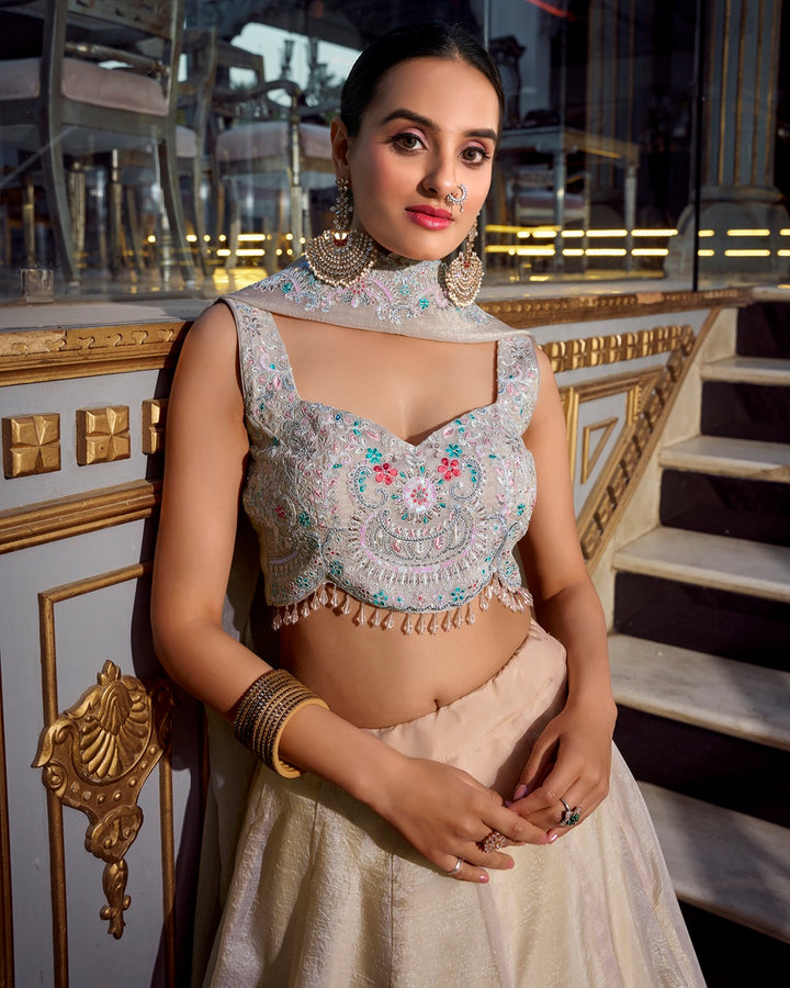 Cream Color Gold Crush Lehenga Choli