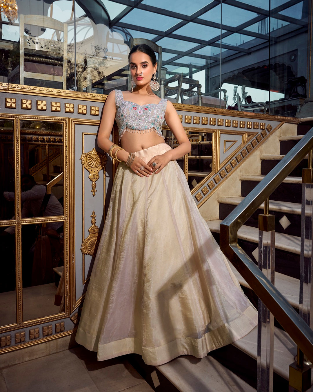 Cream Color Gold Crush Lehenga Choli