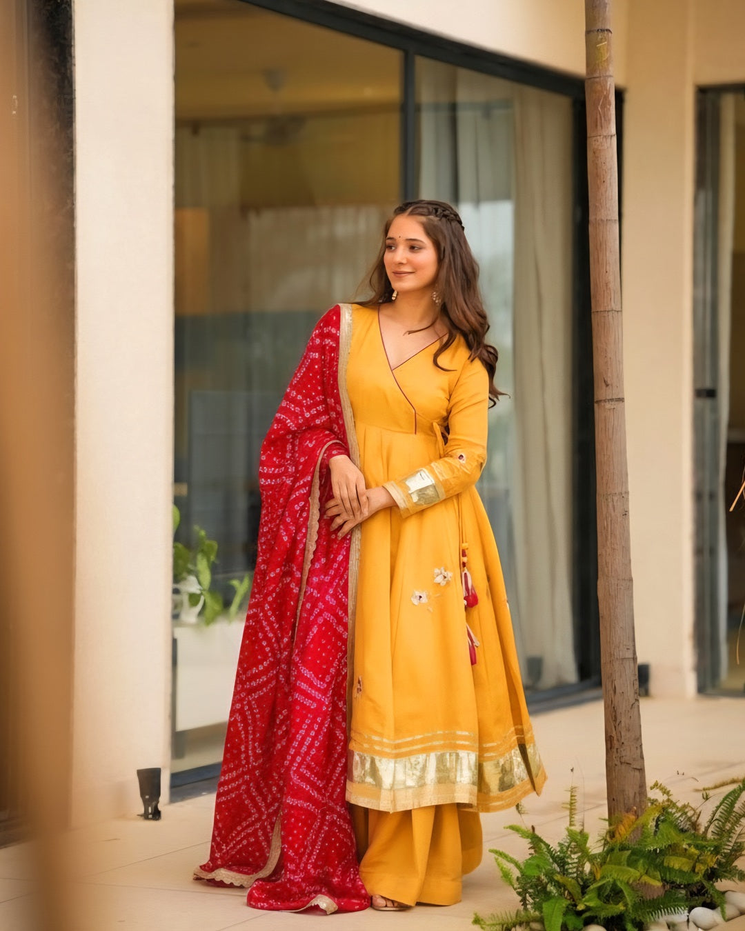 Handcrafted Yellow Anarkali Plazzo Set Paired with a Bandhani Dupatta