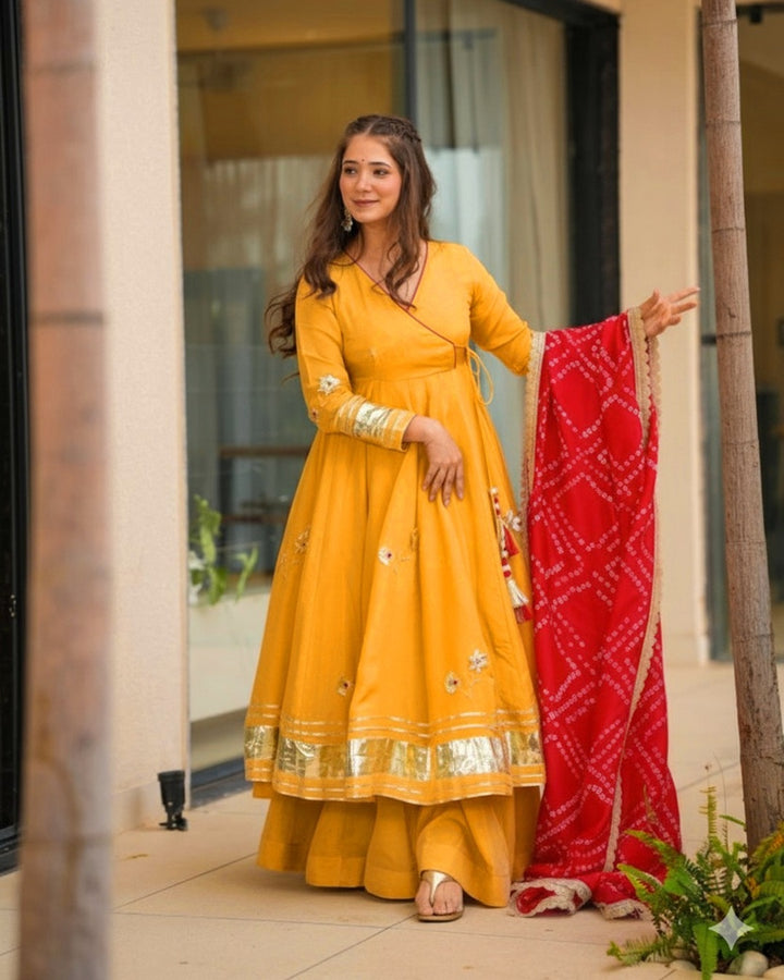Handcrafted Yellow Anarkali Plazzo Set Paired with a Bandhani Dupatta