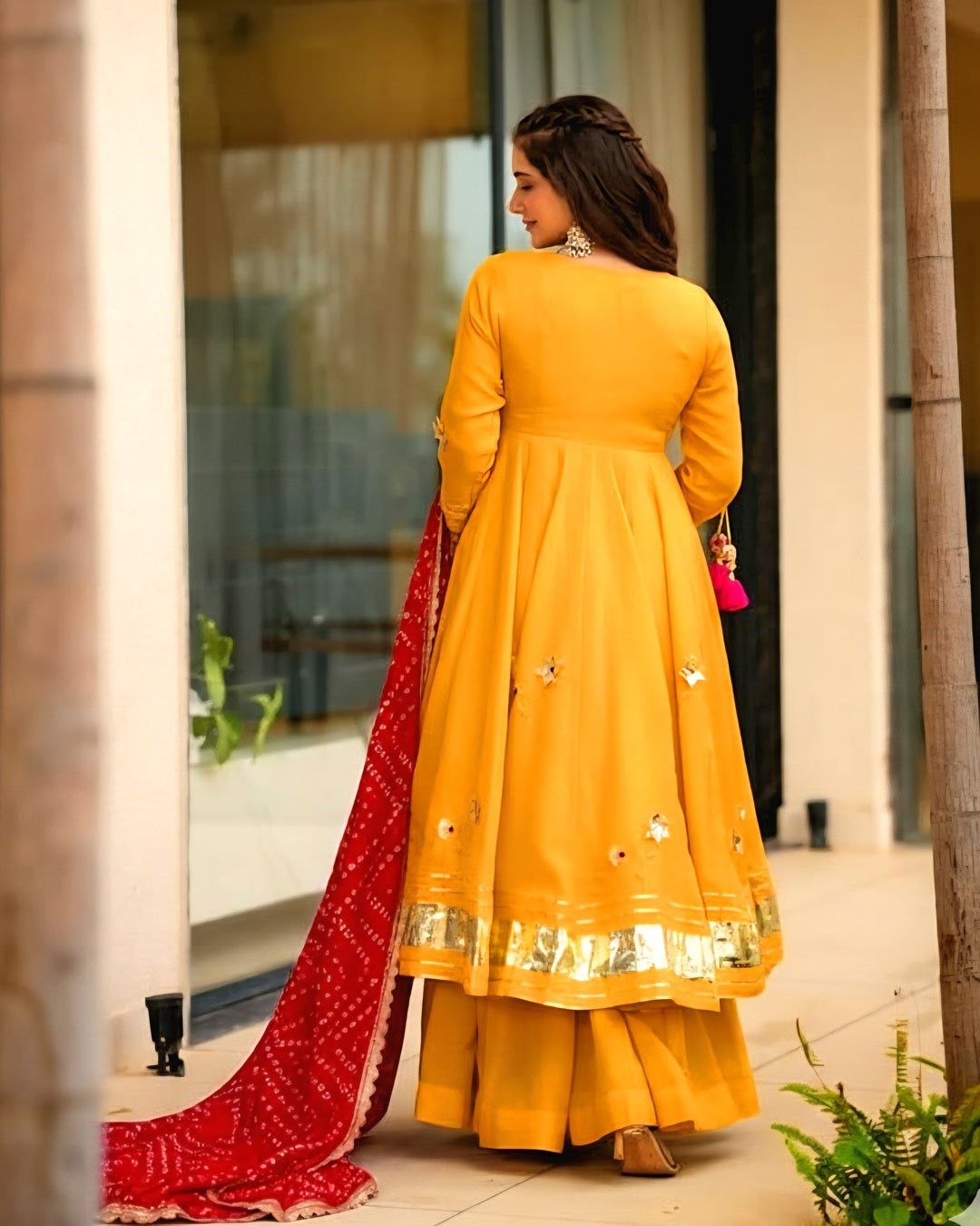 Handcrafted Yellow Anarkali Plazzo Set Paired with a Bandhani Dupatta