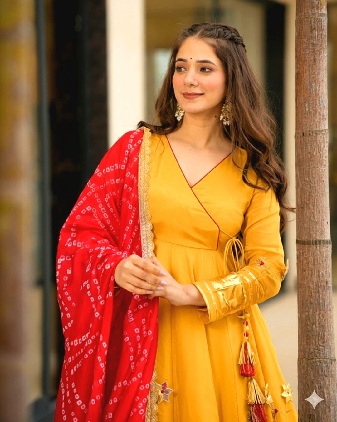 Handcrafted Yellow Anarkali Plazzo Set Paired with a Bandhani Dupatta