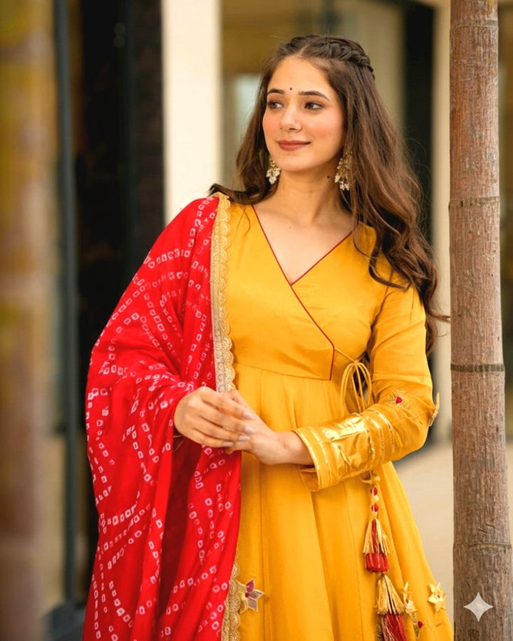 Handcrafted Yellow Anarkali Plazzo Set Paired with a Bandhani Dupatta