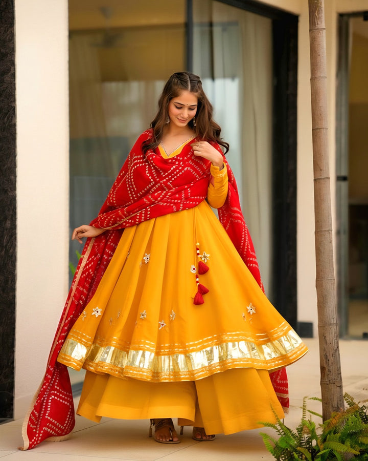 Handcrafted Yellow Anarkali Plazzo Set Paired with a Bandhani Dupatta