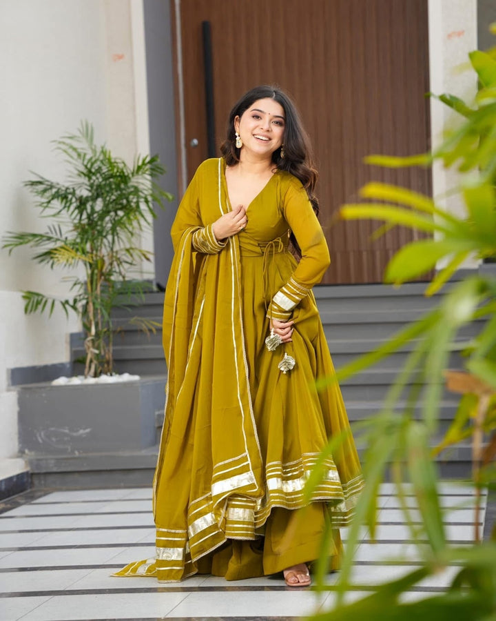Mehndi Green Anarkali Palazzo Set in Faux Georgette – Hand Gotta Work Edition