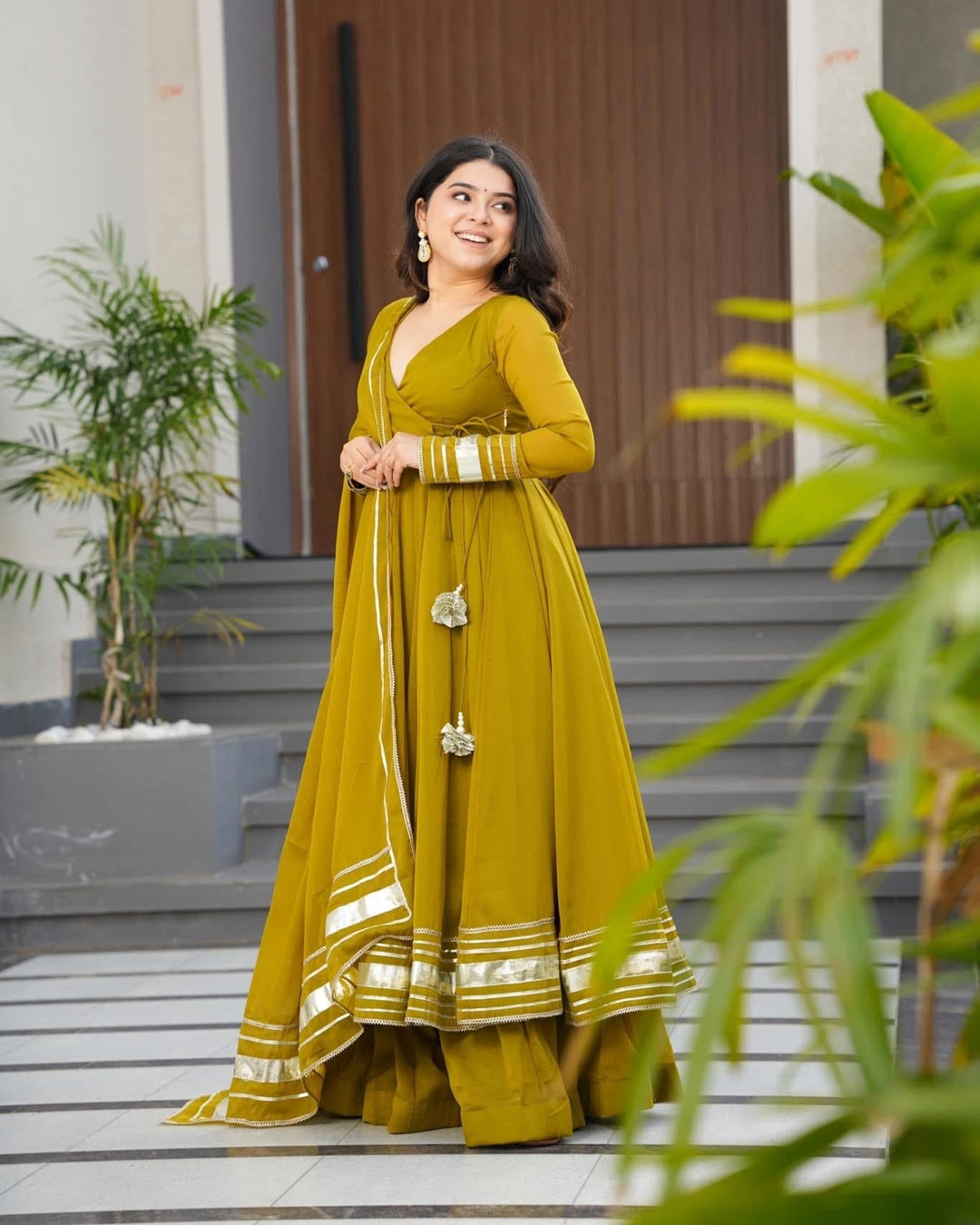 Mehndi Green Anarkali Palazzo Set in Faux Georgette – Hand Gotta Work Edition