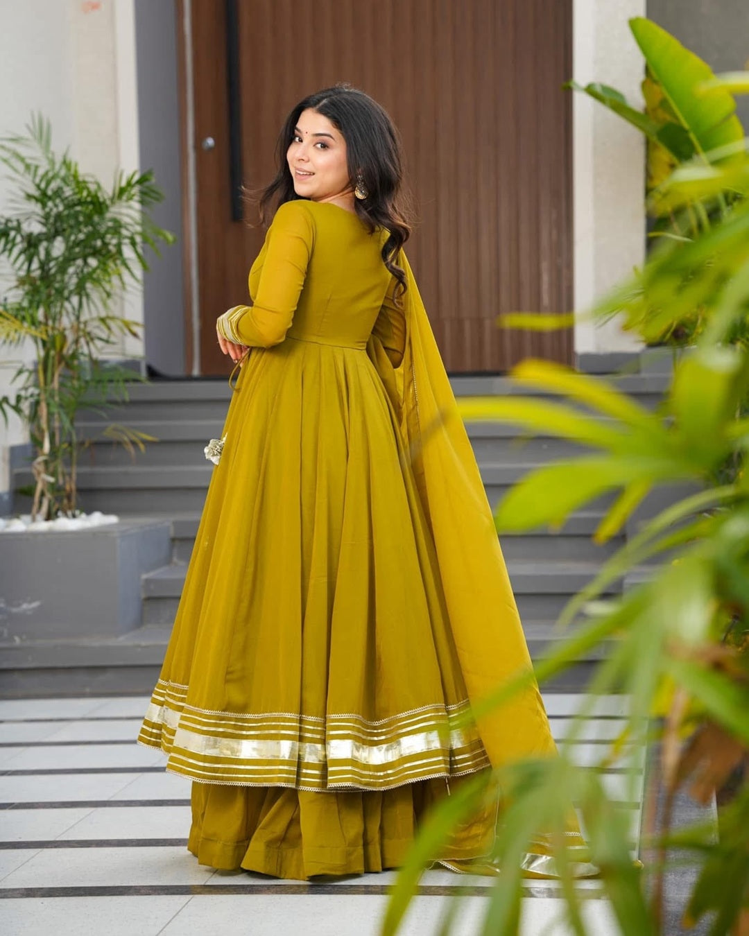 Mehndi Green Anarkali Palazzo Set in Faux Georgette – Hand Gotta Work Edition