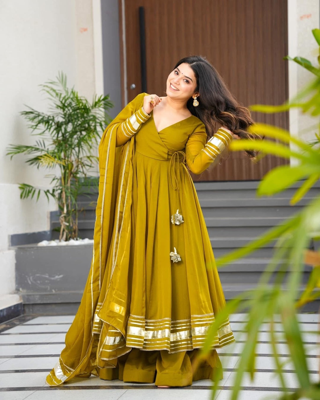 Mehndi Green Anarkali Palazzo Set in Faux Georgette – Hand Gotta Work Edition