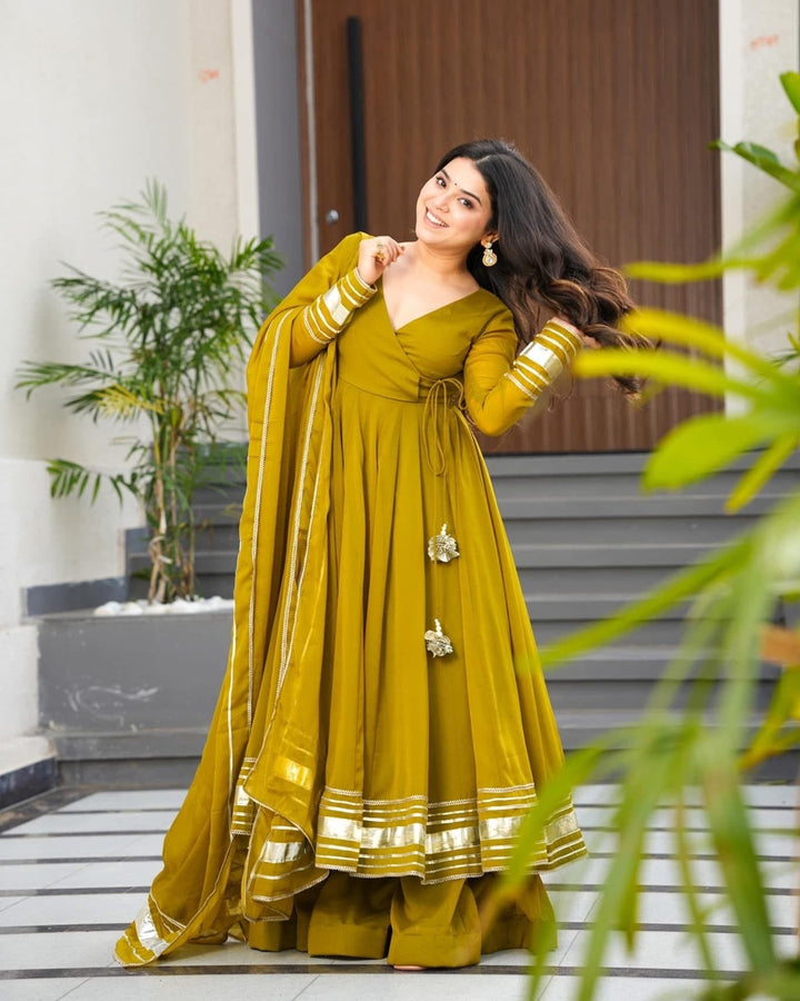 Mehndi Green Anarkali Palazzo Set in Faux Georgette – Hand Gotta Work Edition