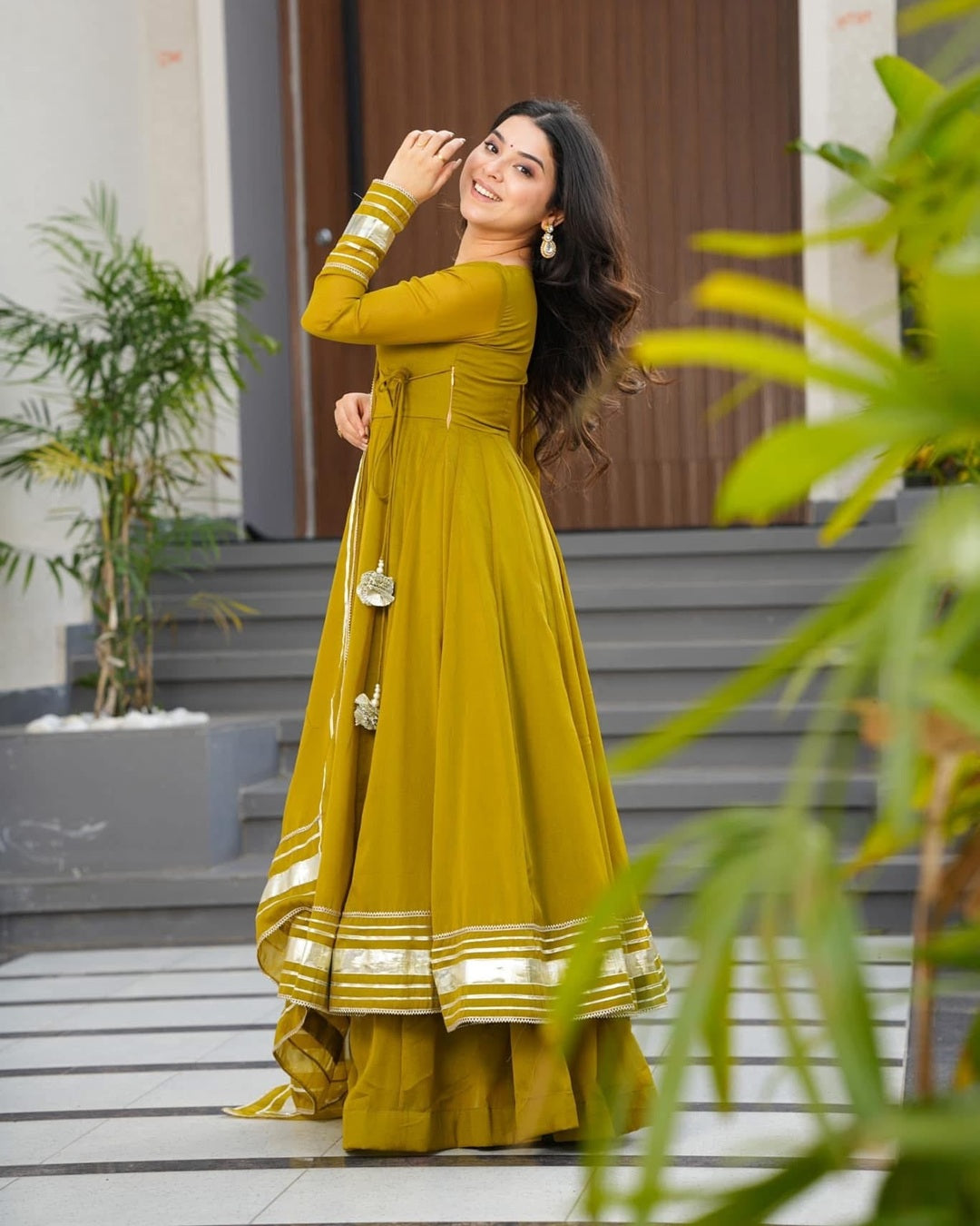 Mehndi Green Anarkali Palazzo Set in Faux Georgette – Hand Gotta Work Edition