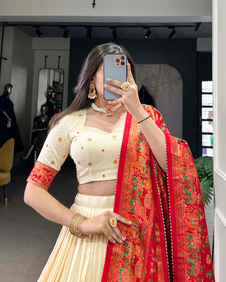 Off White Color Tussar Silk Printed With Foil Work Lehenga Choli