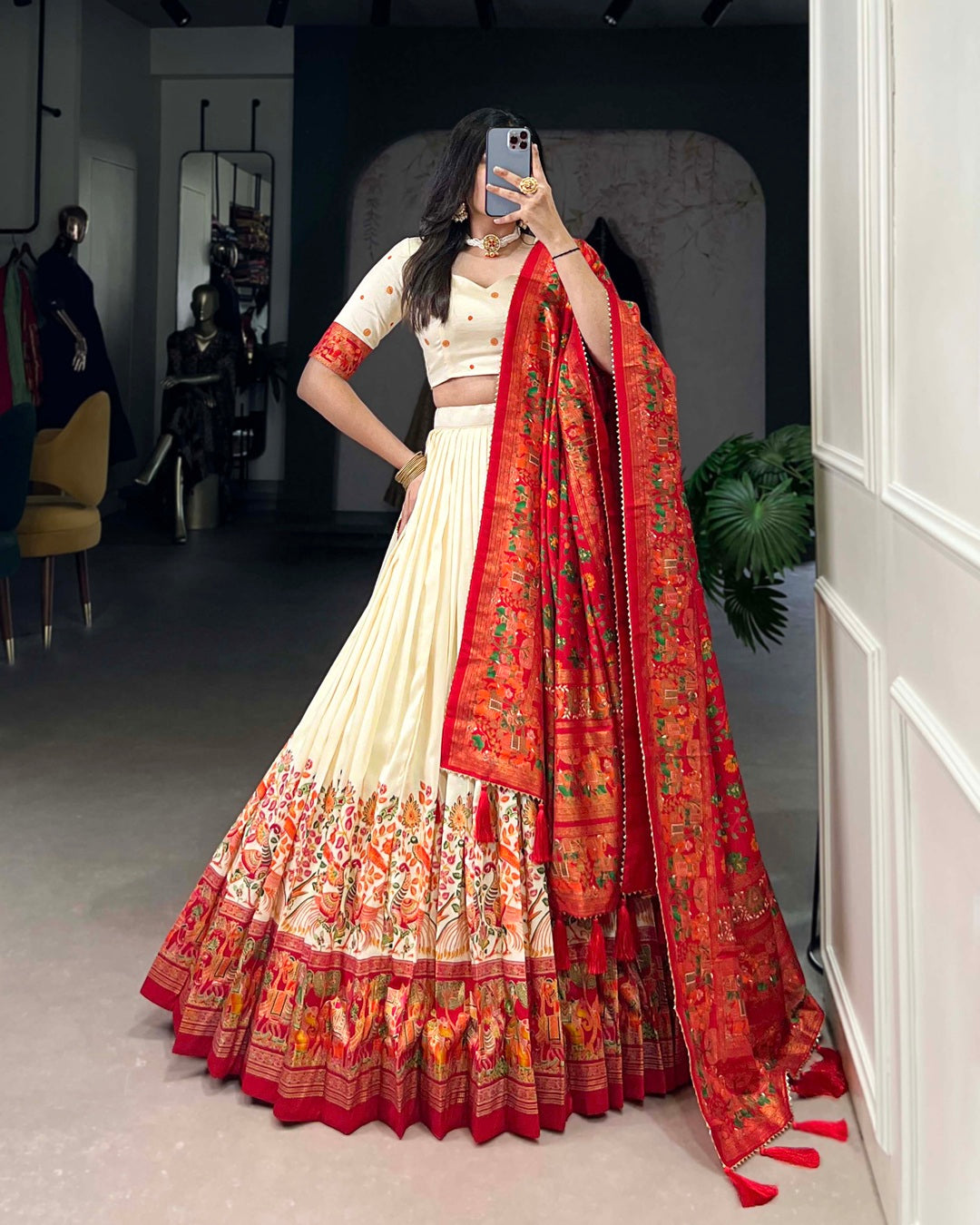 Off White Color Tussar Silk Printed With Foil Work Lehenga Choli