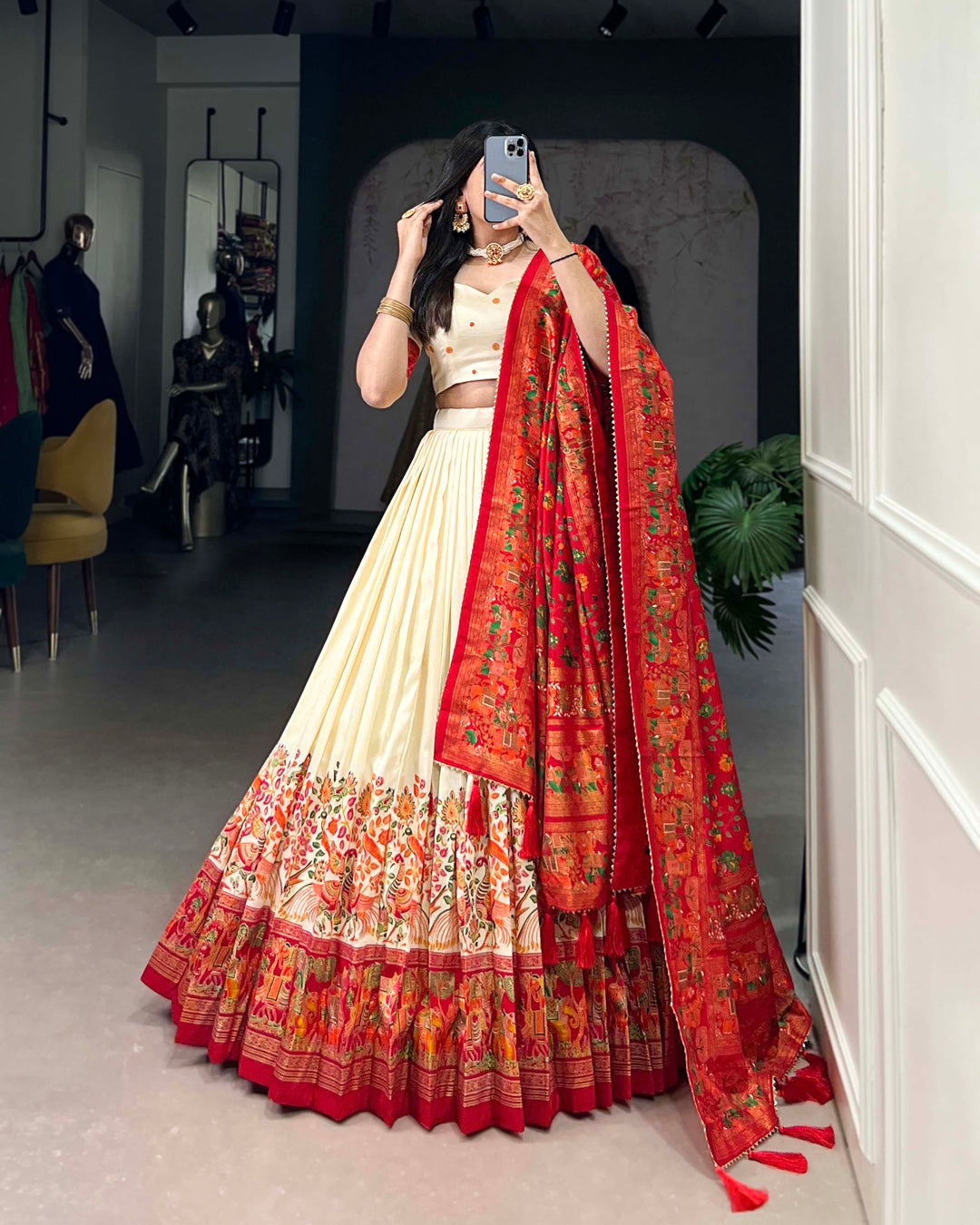 Off White Color Tussar Silk Printed With Foil Work Lehenga Choli