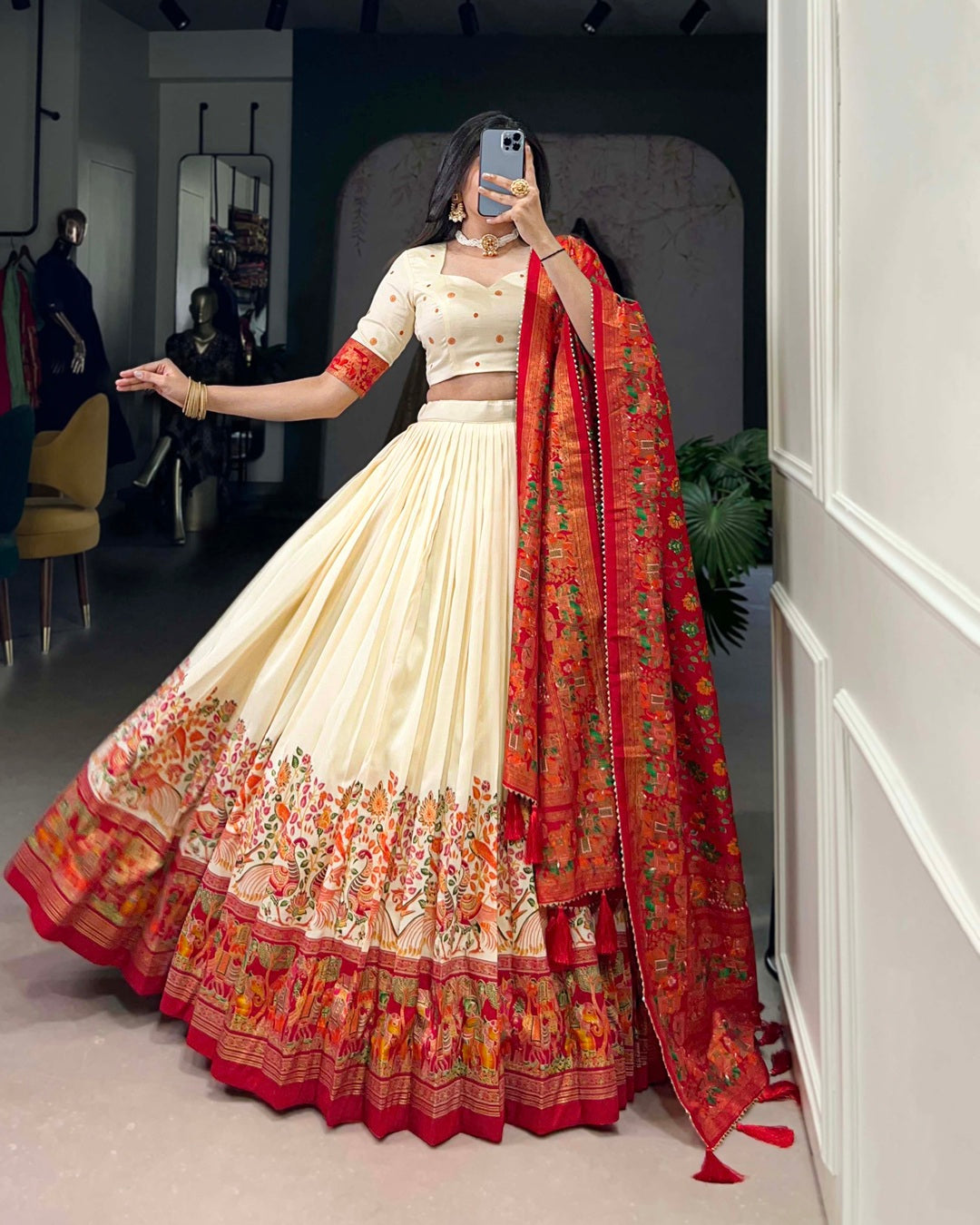 Off White Color Tussar Silk Printed With Foil Work Lehenga Choli