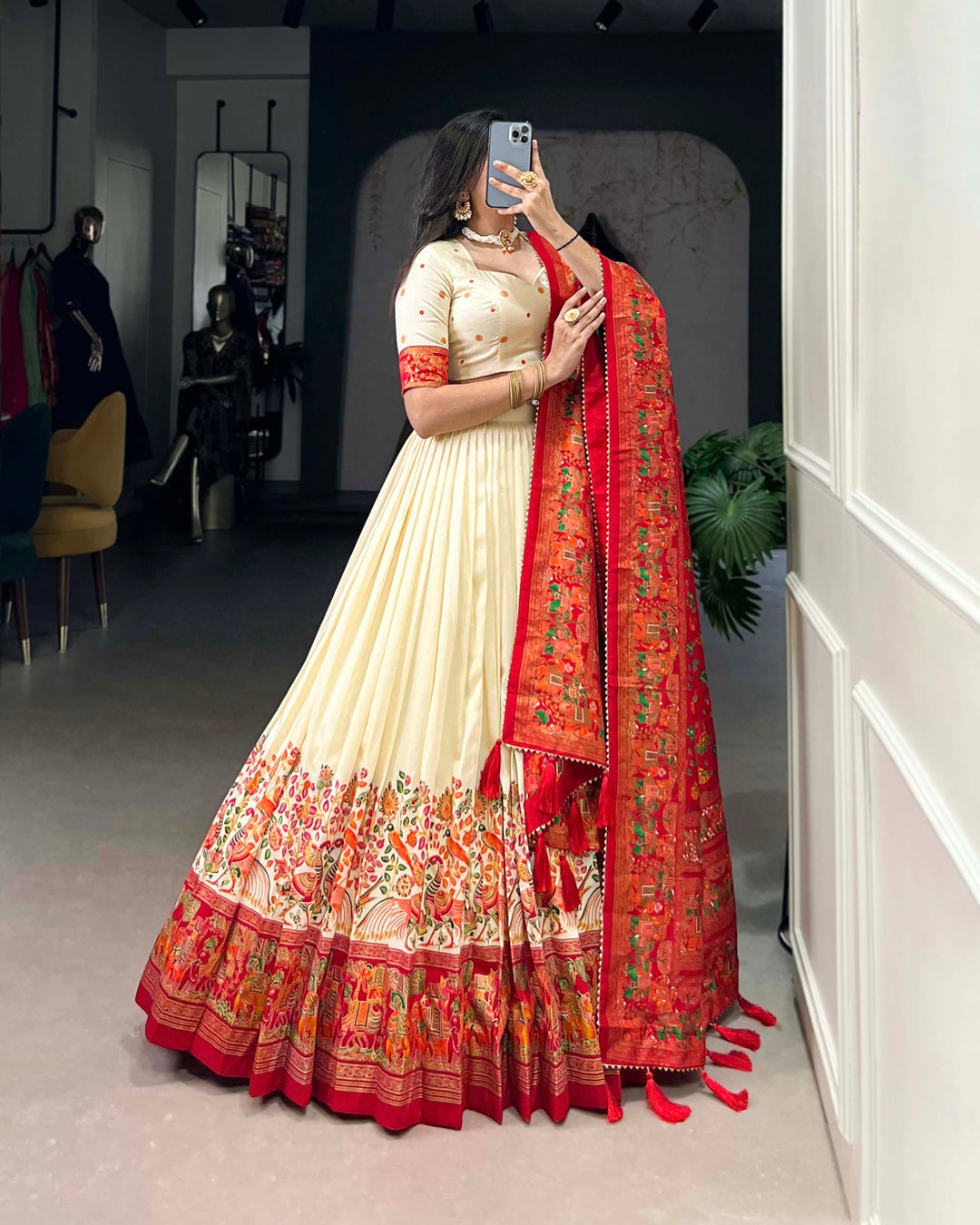 Off White Color Tussar Silk Printed With Foil Work Lehenga Choli