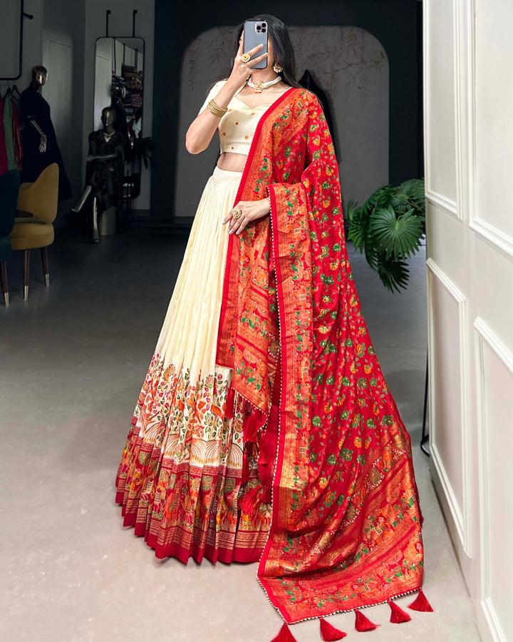 Off White Color Tussar Silk Printed With Foil Work Lehenga Choli