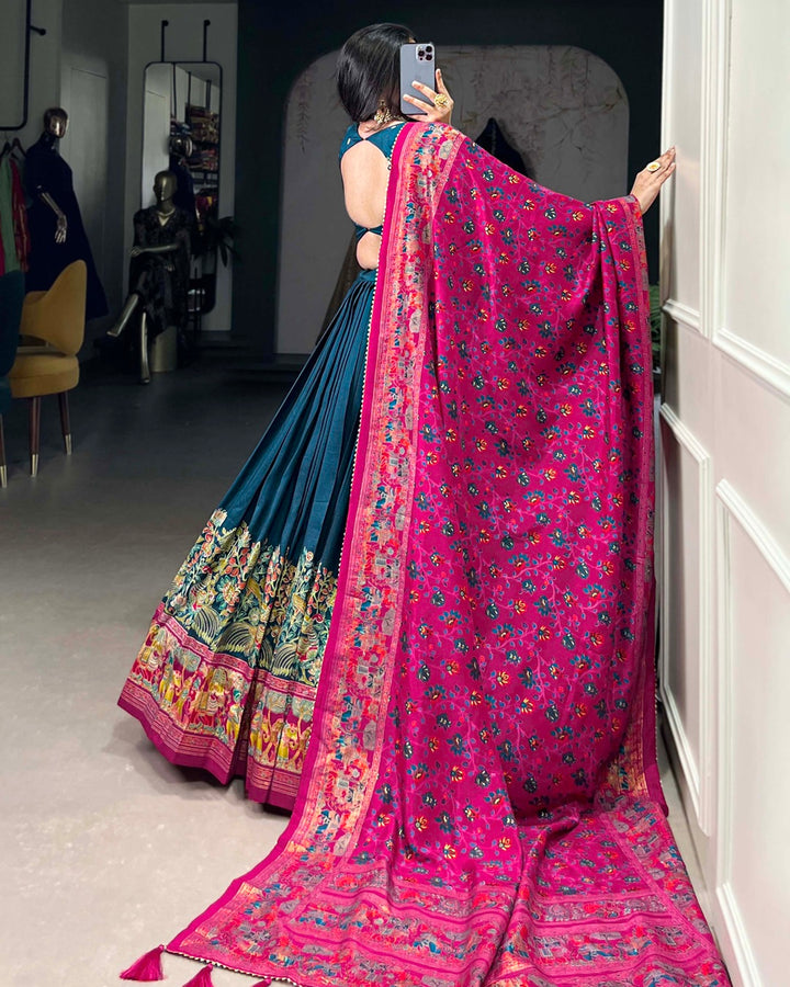 Royal Blue Color Tussar Silk Printed With Foil Work Lehenga Choli