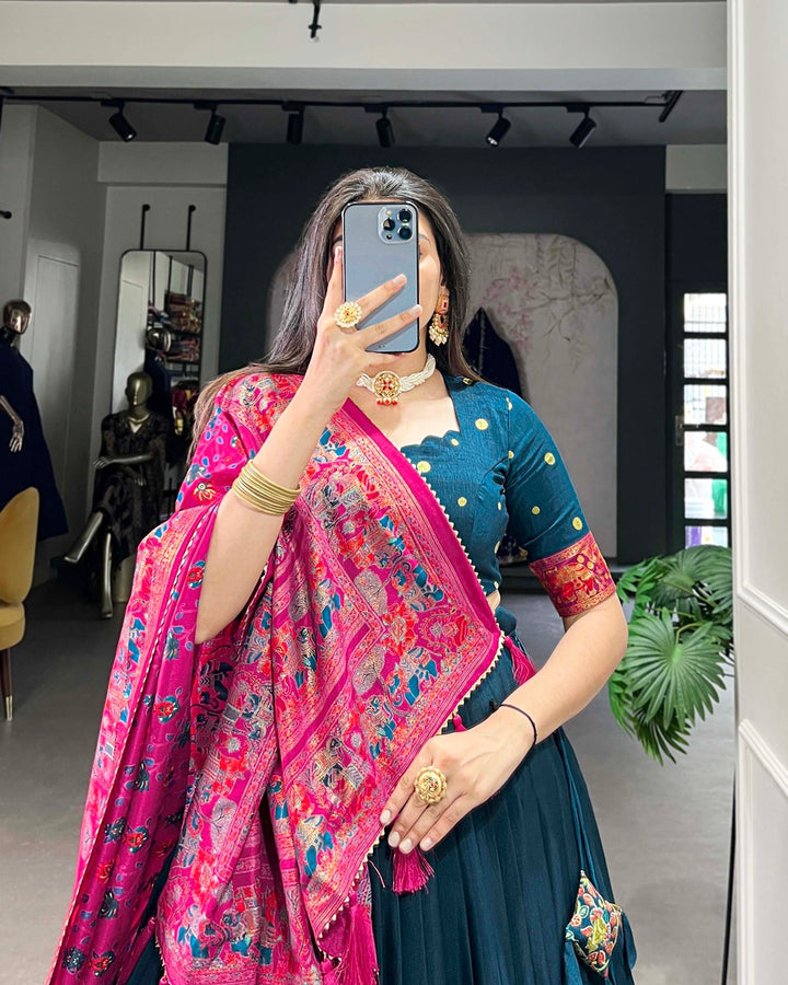 Royal Blue Color Tussar Silk Printed With Foil Work Lehenga Choli