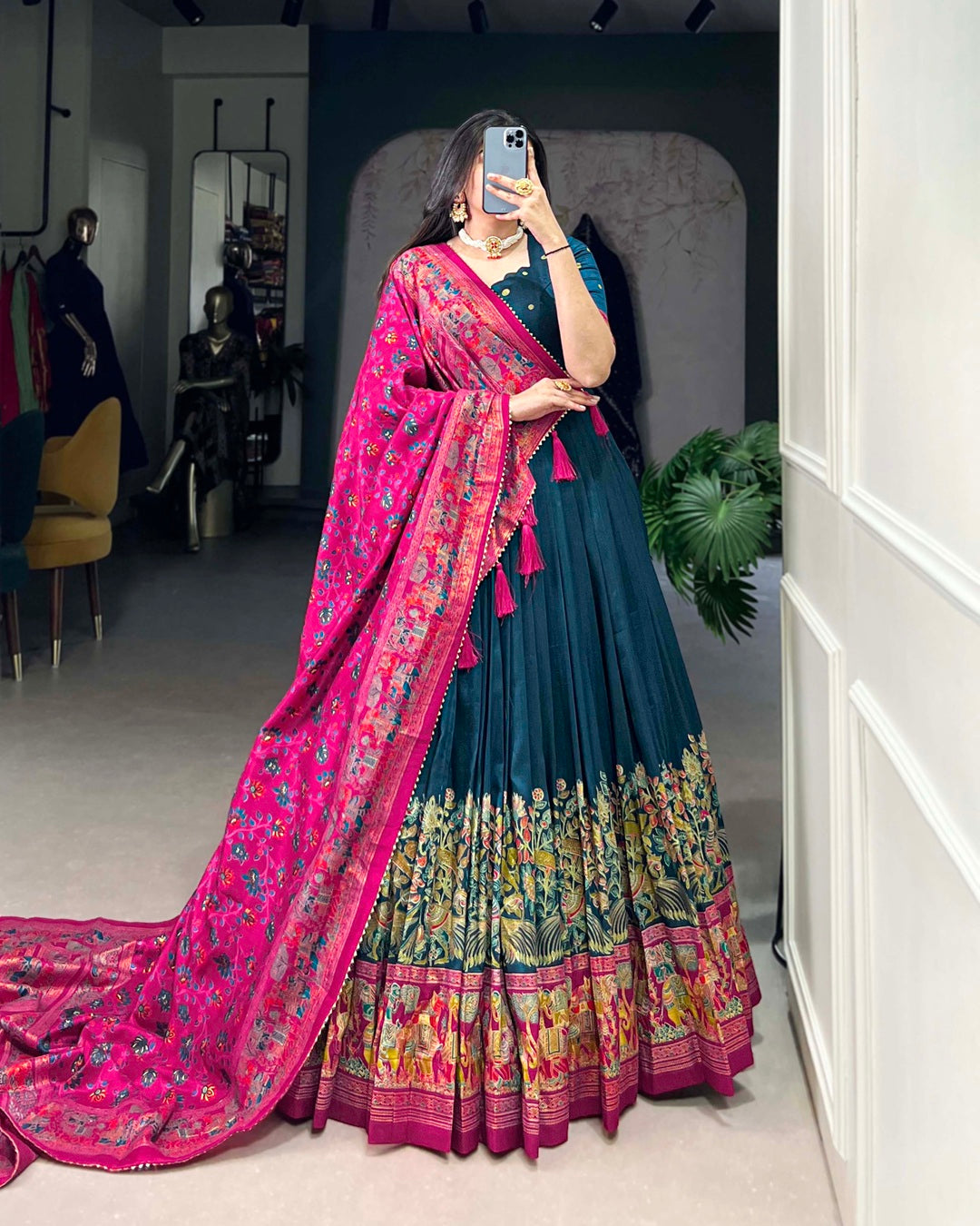 Royal Blue Color Tussar Silk Printed With Foil Work Lehenga Choli