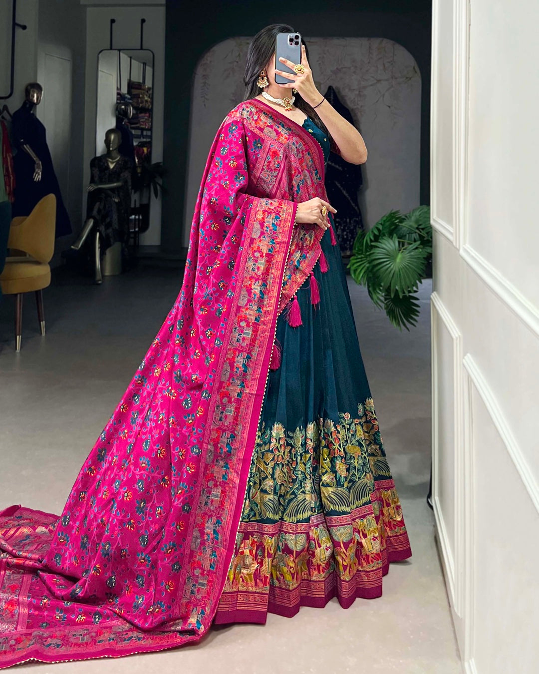 Royal Blue Color Tussar Silk Printed With Foil Work Lehenga Choli