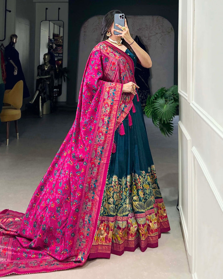Royal Blue Color Tussar Silk Printed With Foil Work Lehenga Choli