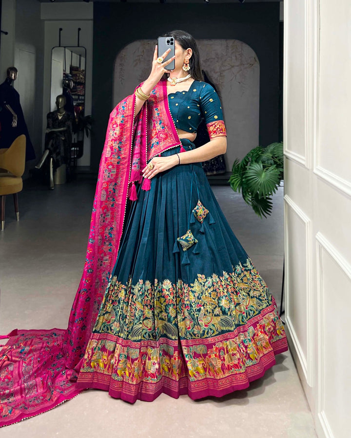 Royal Blue Color Tussar Silk Printed With Foil Work Lehenga Choli