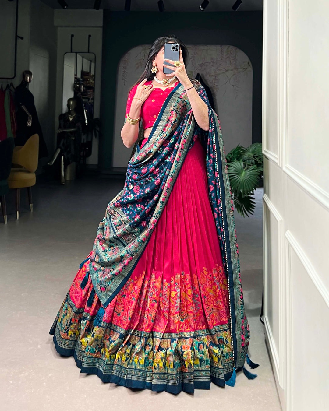 Pink Color Tussar Silk Printed With Foil Work Lehenga Choli