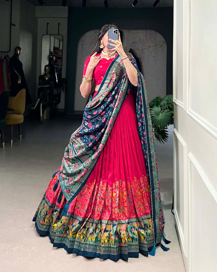 Pink Color Tussar Silk Printed With Foil Work Lehenga Choli