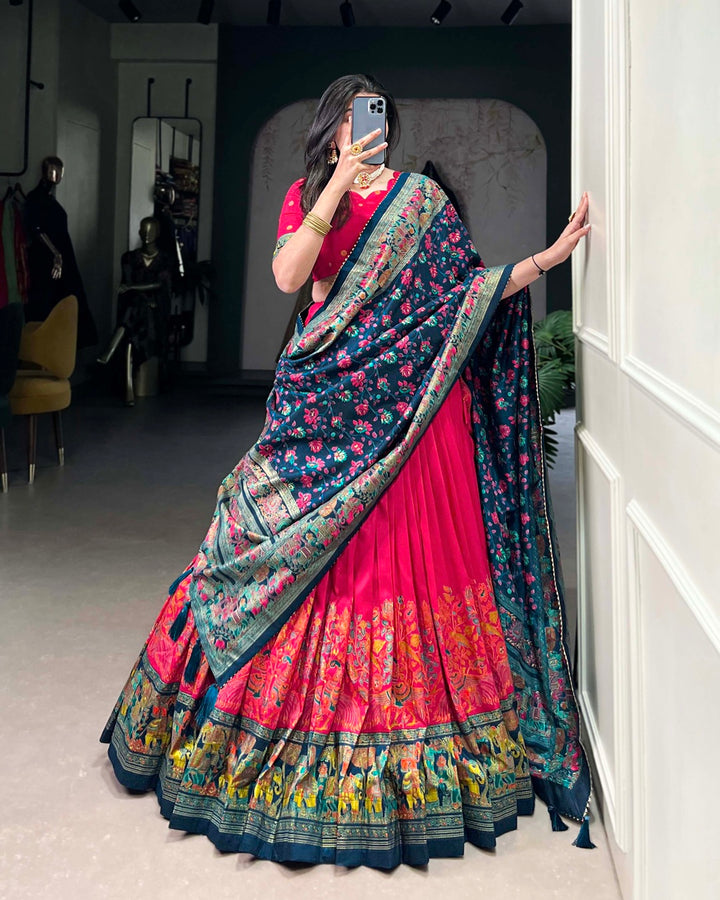 Pink Color Tussar Silk Printed With Foil Work Lehenga Choli