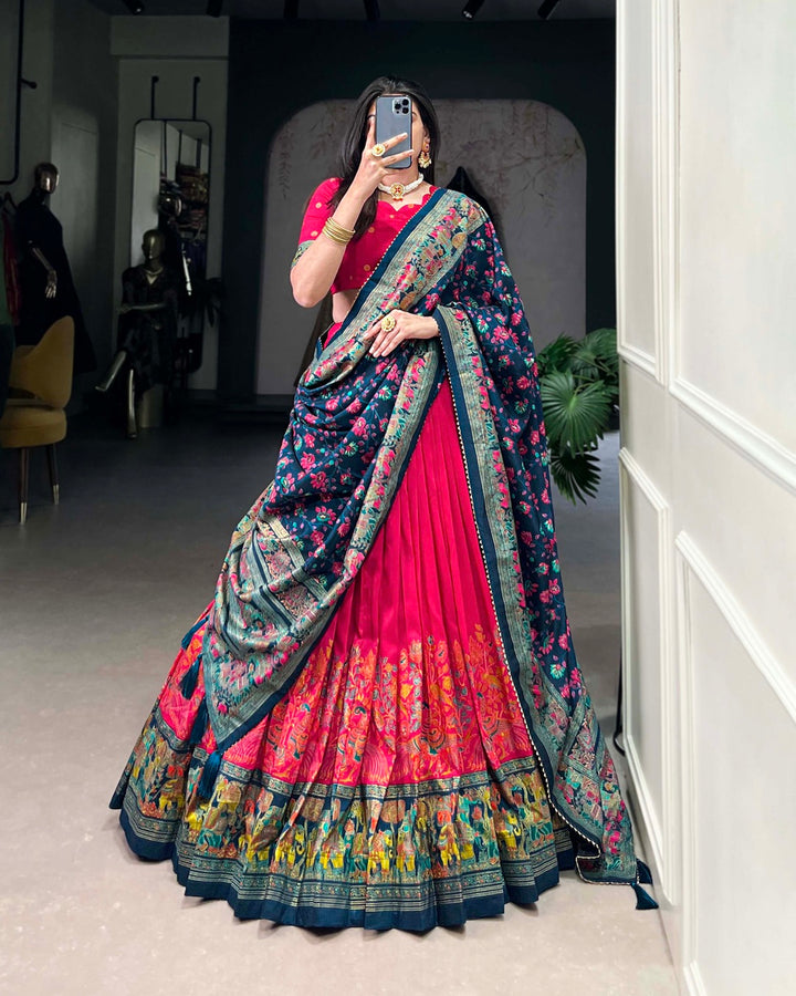 Pink Color Tussar Silk Printed With Foil Work Lehenga Choli