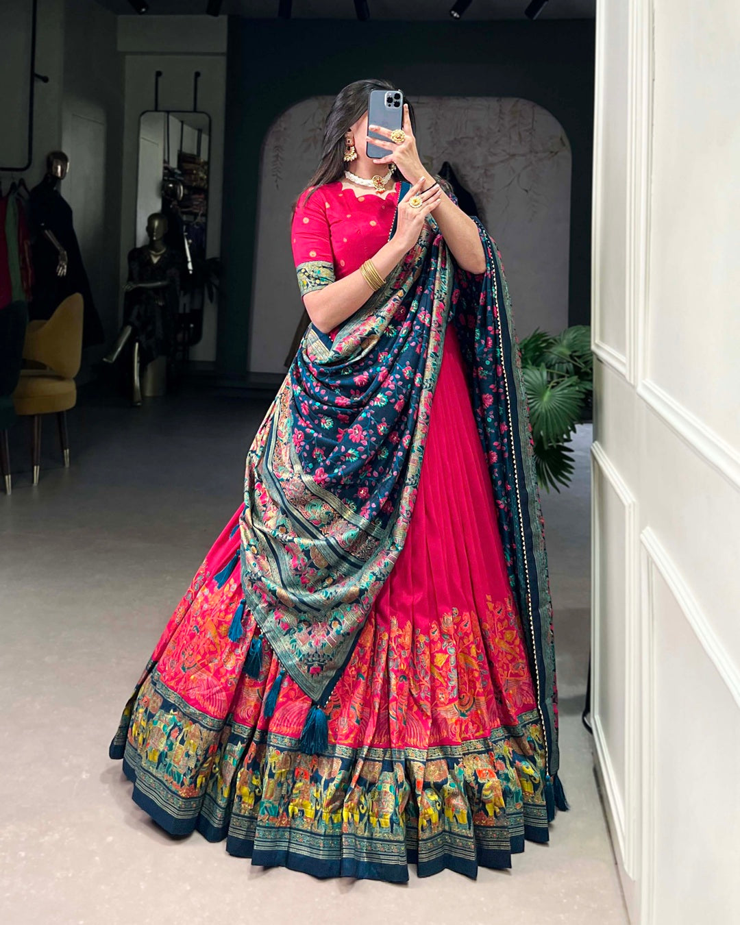 Pink Color Tussar Silk Printed With Foil Work Lehenga Choli