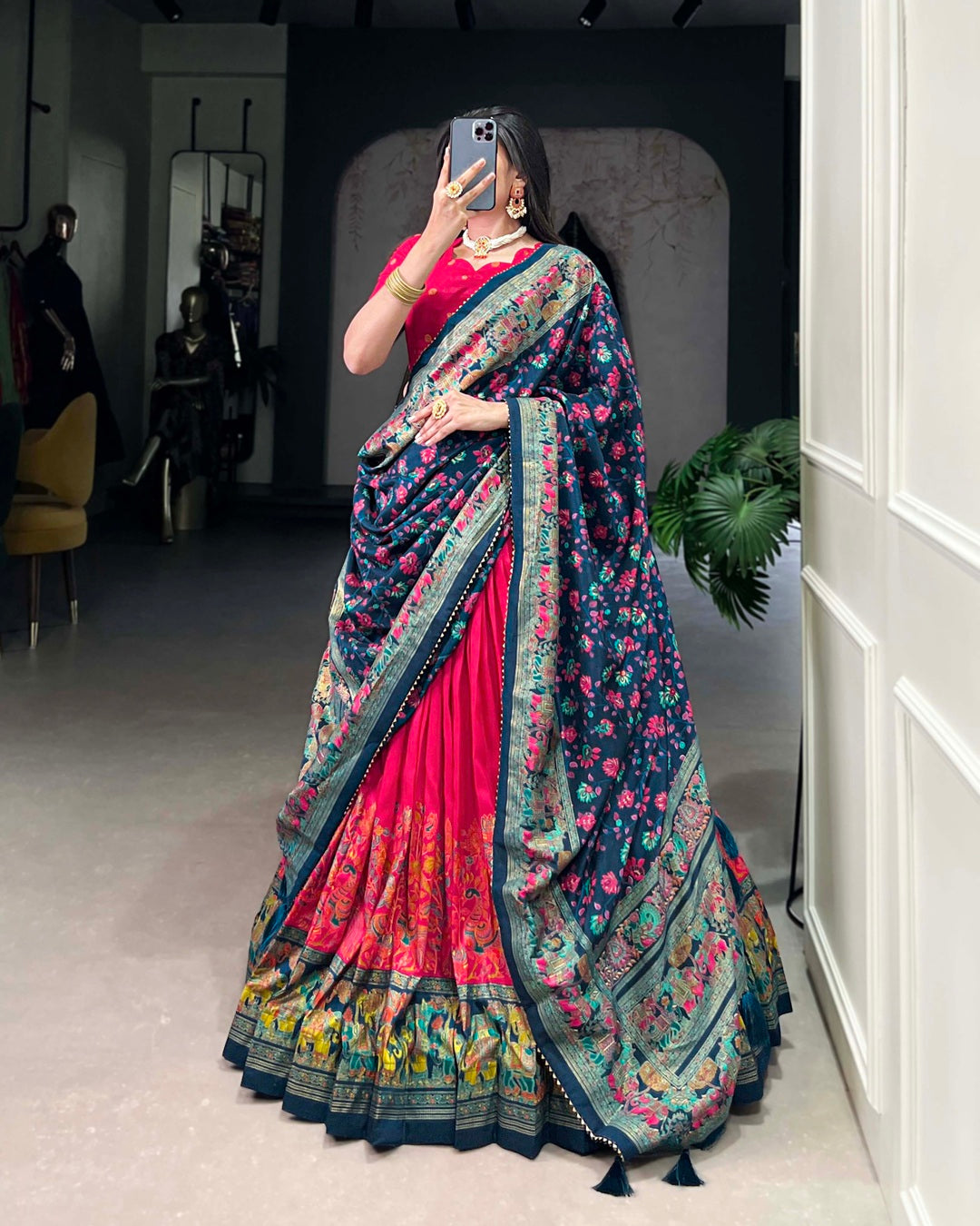 Pink Color Tussar Silk Printed With Foil Work Lehenga Choli