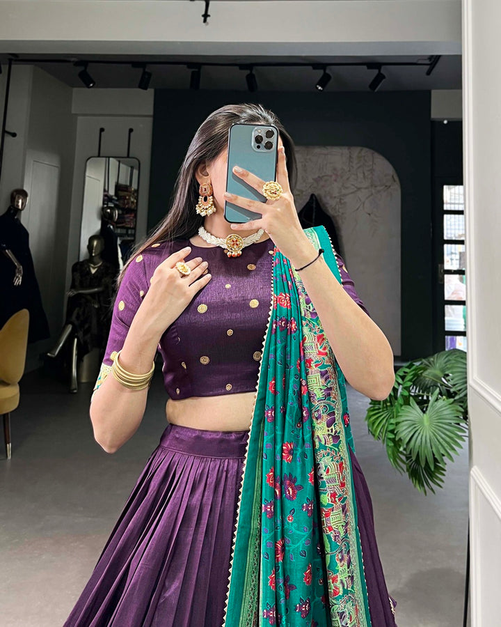 Purple Color Tussar Silk Printed With Foil Work Lehenga Choli