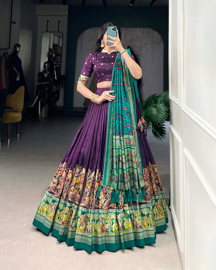 Purple Color Tussar Silk Printed With Foil Work Lehenga Choli