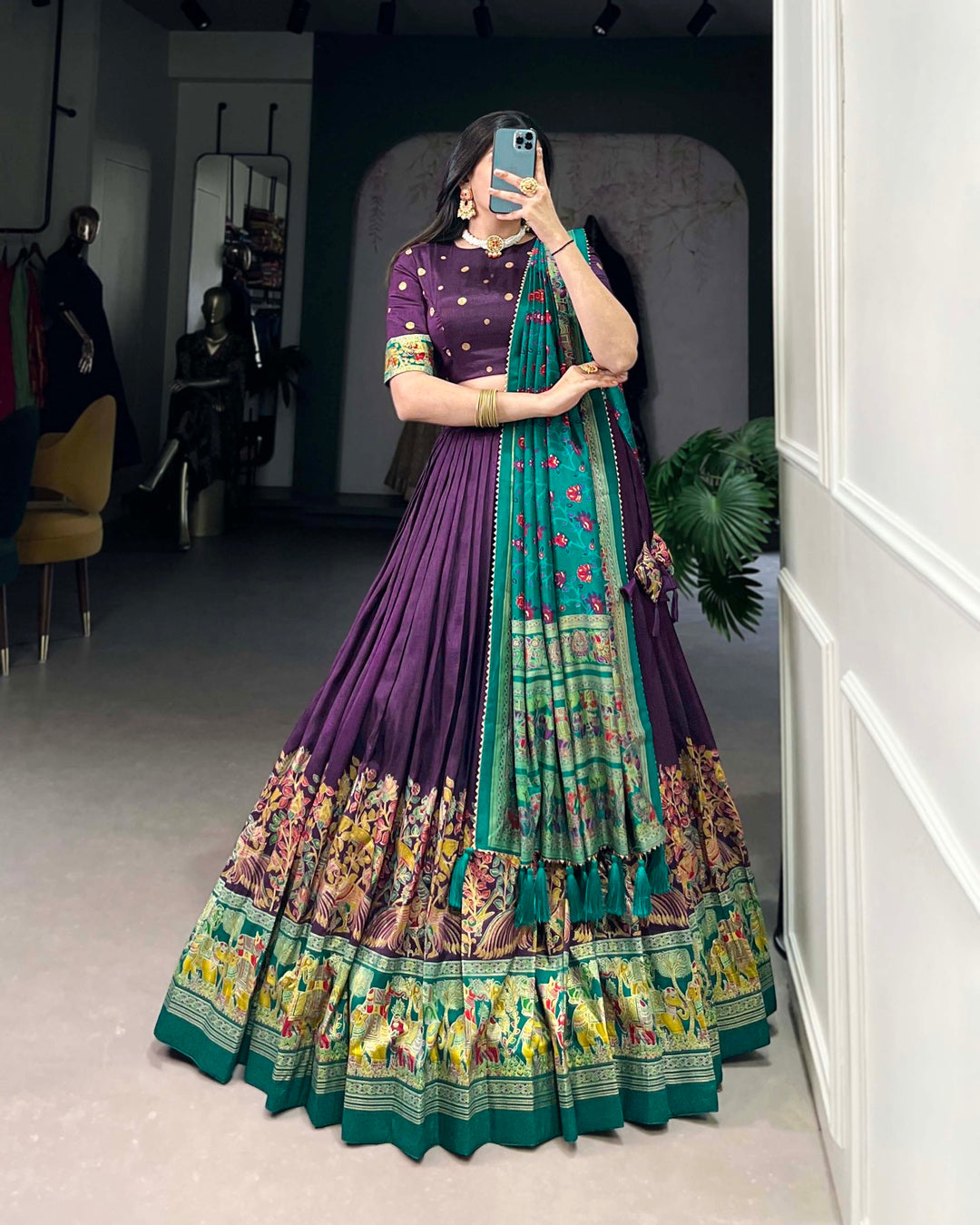 Purple Color Tussar Silk Printed With Foil Work Lehenga Choli