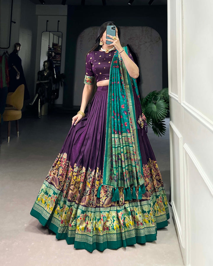 Purple Color Tussar Silk Printed With Foil Work Lehenga Choli