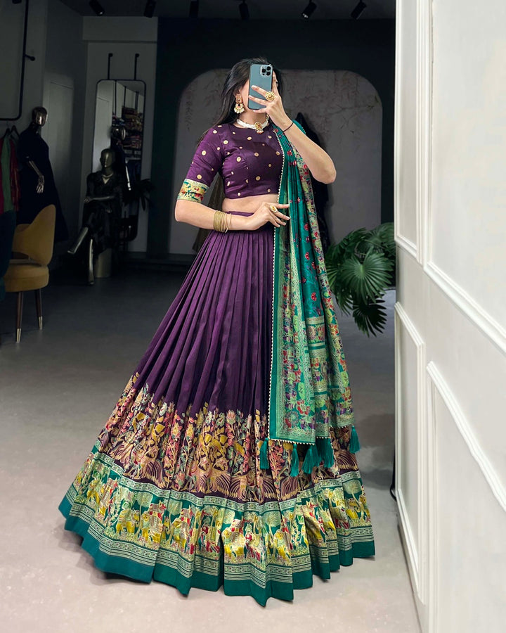 Purple Color Tussar Silk Printed With Foil Work Lehenga Choli