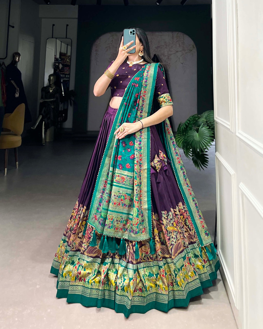 Purple Color Tussar Silk Printed With Foil Work Lehenga Choli
