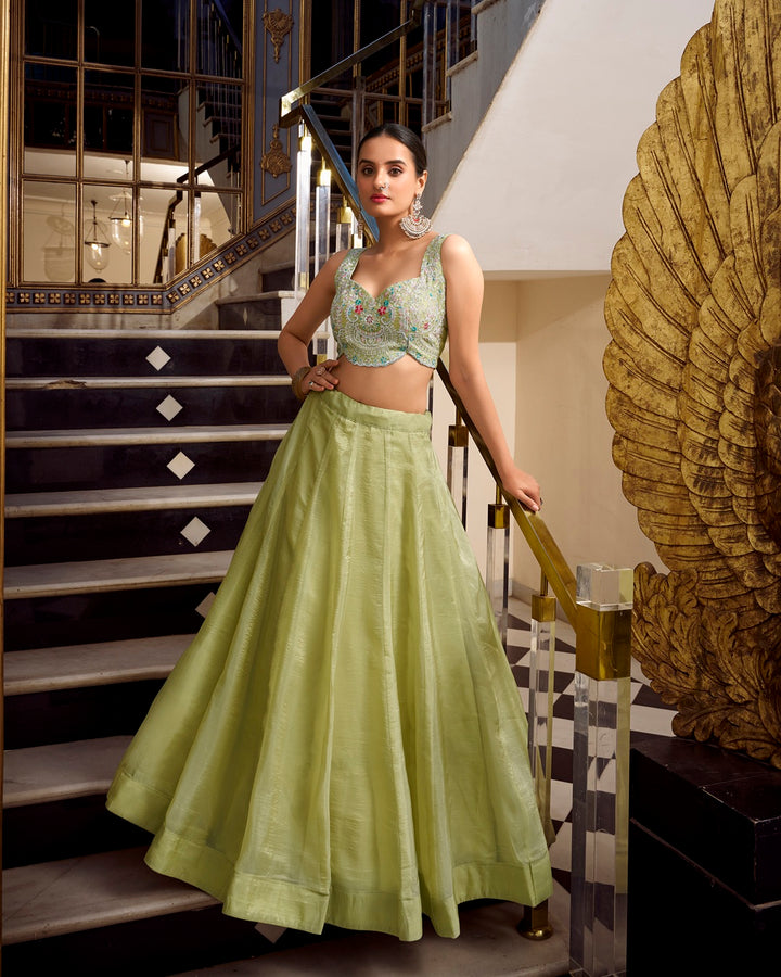 Pista Color Gold Crush Lehenga Choli